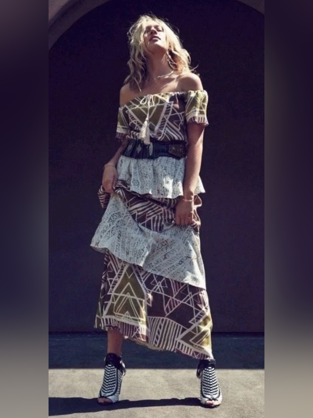 Stevie May The Odyssey Tiered Ruffle Geometric Boho Maxi Dress S